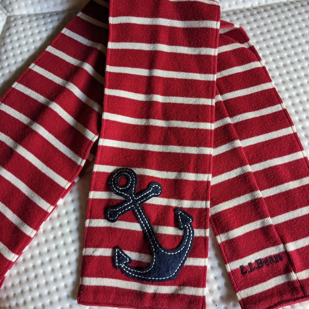 Red and White Striped Scarf with Anchor Patch